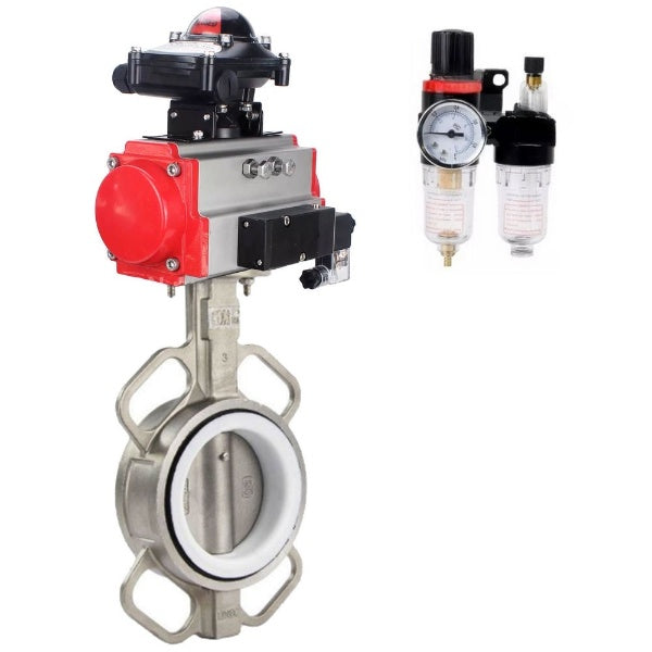 Butterfly valve Elephant WBV3232P-2W-Fb-H, body material - stainless steel AISI 316L, disk material - stainless steel AISI 316L, seal - PTFE, with pneumatic actuator double action PA-DA, 4V320-08 220V, LSU APL-210N, ATU AFC2000