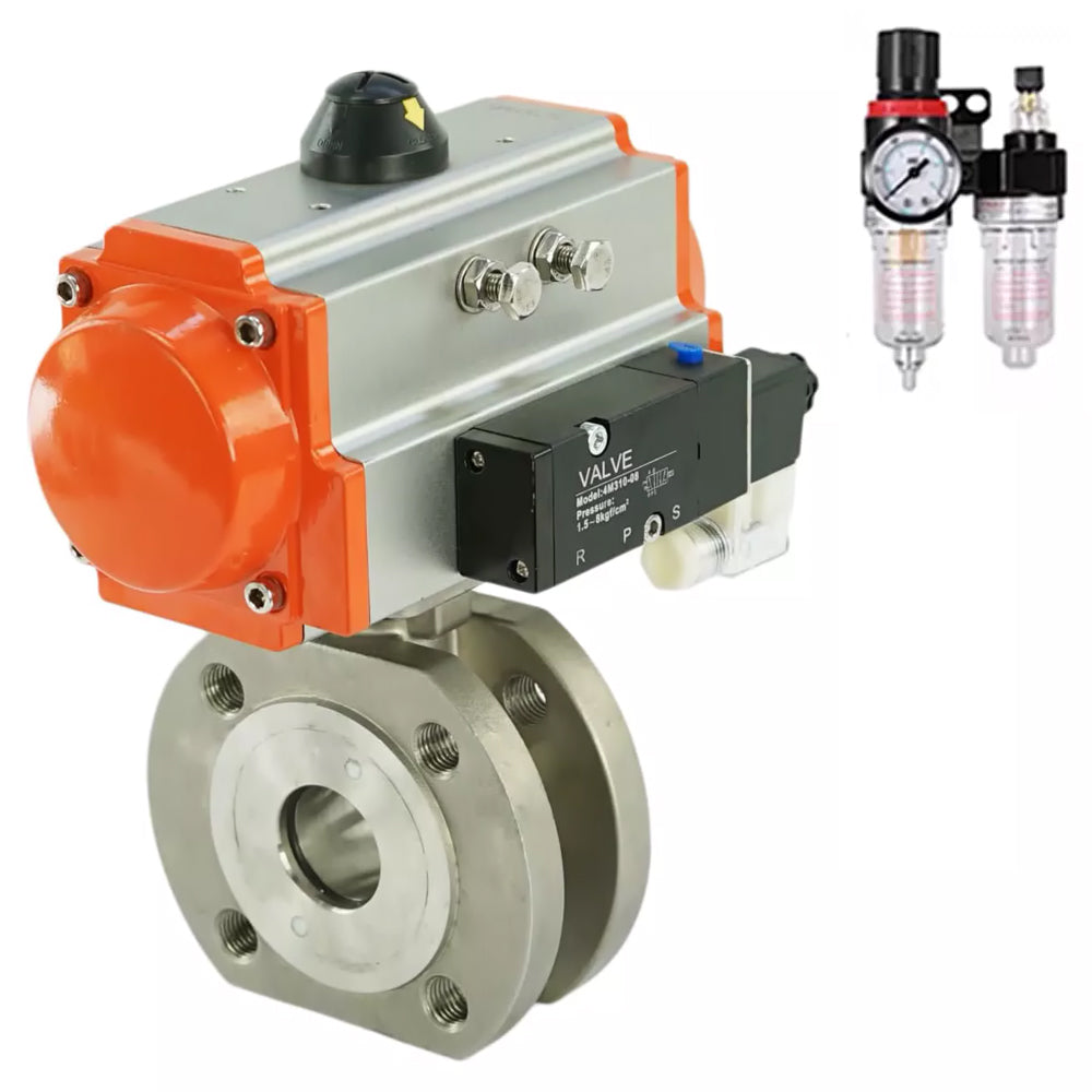 Ball valves Elephant BV3232P-FP-Fb-ISO-H,  body material - Stainless steel AISI 316, seal - PTFE / PTFE / Teflon, with pneumatic actuator double action PA-DA, 4V320-10 220VATU AFC2000