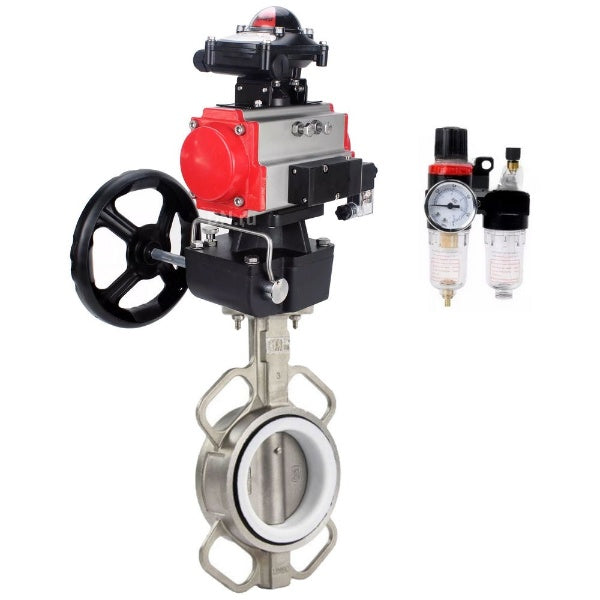 Butterfly valve Elephant WBV3232P-2W-Fb-H, body material - stainless steel AISI 316L, disk material - stainless steel AISI 316L, seal - PTFE, with pneumatic actuator double action PA-DA, 4V320-10 220V, LSU APL-210N, handwheel MON, ATU AFC2000