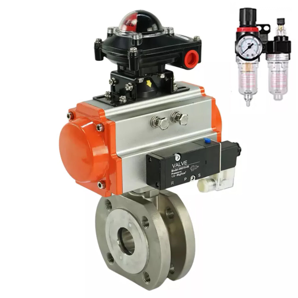 Ball valves Elephant BV3232P-FP-Fb-ISO-H,  body material - Stainless steel AISI 316, seal - PTFE / PTFE / Teflon, with pneumatic actuator double action PA-DA, 4V320-08 220V, LSU APL-410N Ex, ATU AFC2000