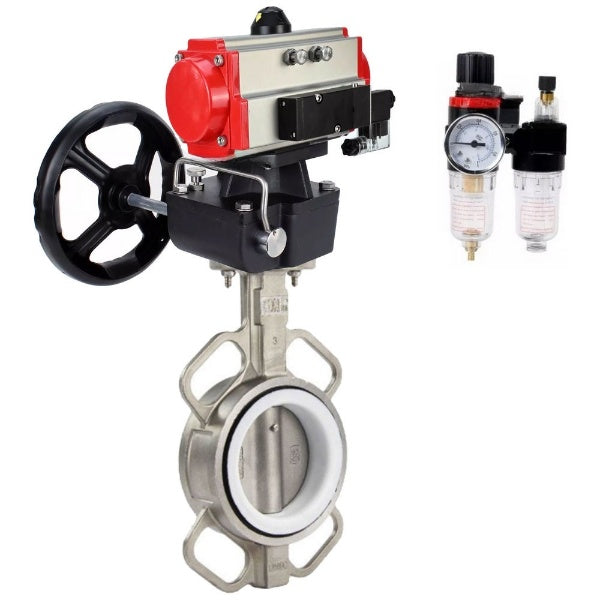 Butterfly valve Elephant WBV3232P-2W-Fb-H, body material - stainless steel AISI 316L, disk material - stainless steel AISI 316L, seal - PTFE, with pneumatic actuator double action PA-DA, 4V320-08 220V, handwheel MON, ATU AFC2000