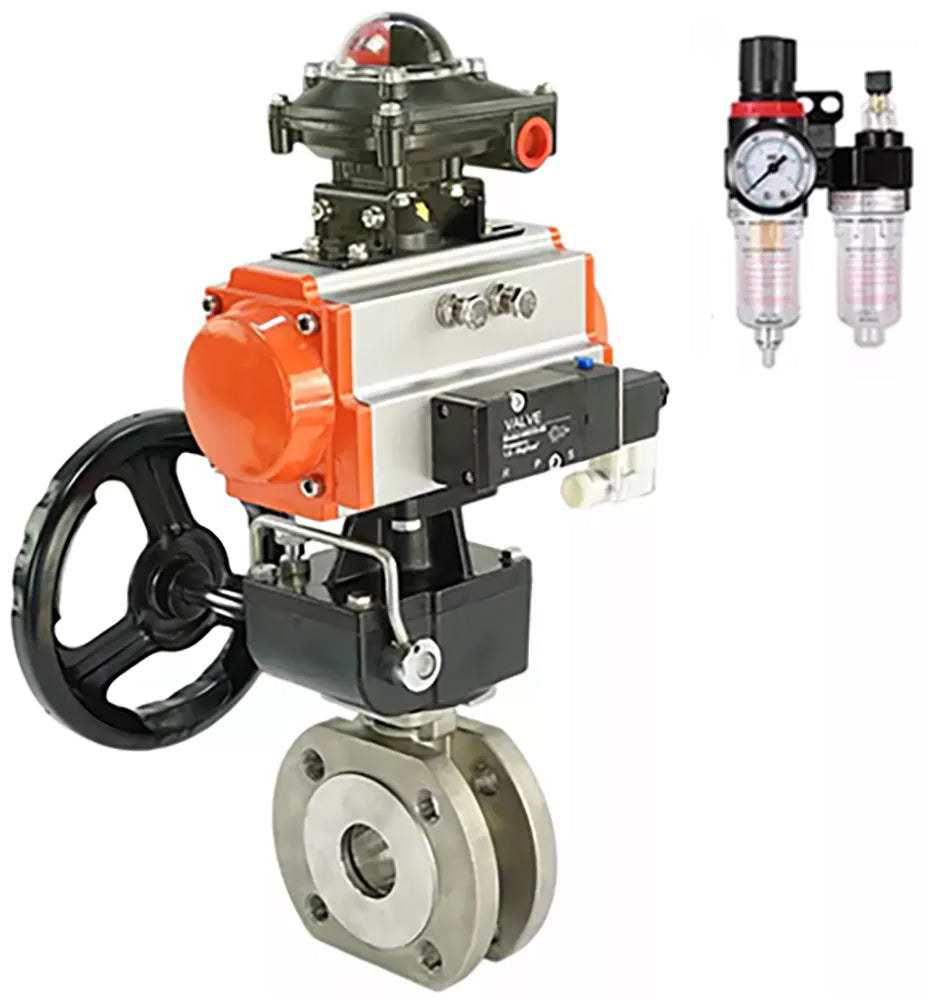 Ball valves Elephant BV3232P-FP-Fb-ISO-H,  body material - Stainless steel AISI 316, seal - PTFE / PTFE / Teflon, with pneumatic actuator double action PA-DA, 4V320-10 220V, LSU APL-210N, handwheel MON, ATU AFC2000