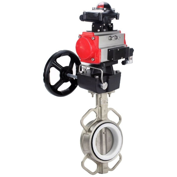 Butterfly valve Elephant WBV3232P-2W-Fb-H, body material - stainless steel AISI 316L, disk material - stainless steel AISI 316L, seal - PTFE, with pneumatic actuator double action PA-DA, 4V320-10 220V, LSU APL-410N Ex, handwheel MON
