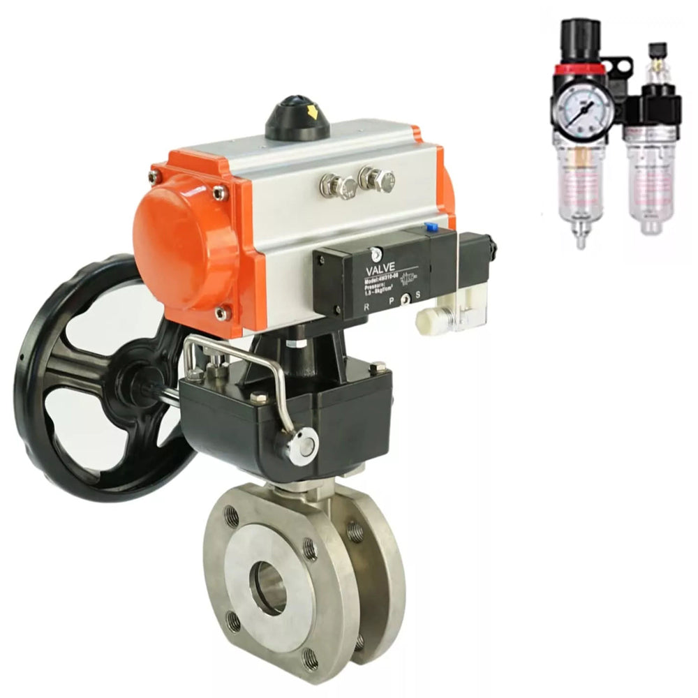 Ball valves Elephant BV3232P-FP-Fb-ISO-H,  body material - Stainless steel AISI 316, seal - PTFE / PTFE / Teflon, with pneumatic actuator double action PA-DA, 4V320-08 220Vhandwheel MON, ATU AFC2000