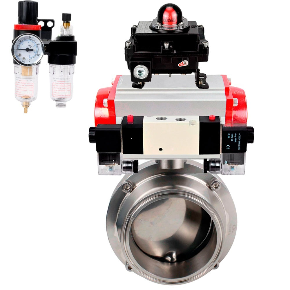 Water Butterfly valves Elephant WBV3131S-2W-C-H, body material - stainless steel AISI 304, seal - Silicon, with pneumatic actuator PA-DA-052 double action, 4V320-08 220V, LSU APL-410N EX, ATU AFC2000