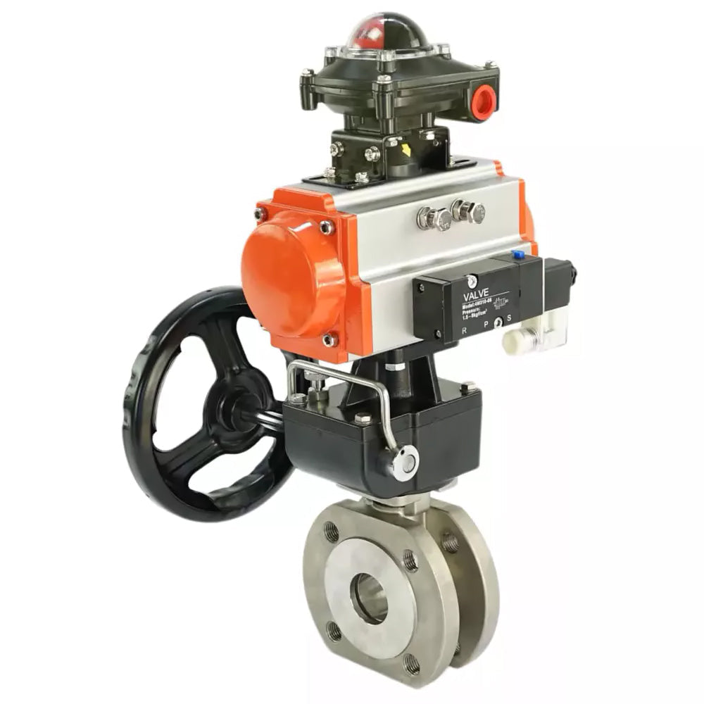 Ball valves Elephant BV3232P-FP-Fb-ISO-H,  body material - Stainless steel AISI 316, seal - PTFE / PTFE / Teflon, with pneumatic actuator double action PA-DA, 4V320-10 220V, LSU APL-410N Ex, handwheel MON