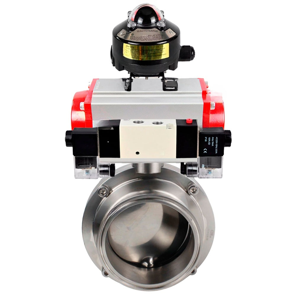 Water Butterfly valves Elephant WBV3131E-2W-C-H, body material - stainless steel AISI 304, seal - EPDM, with pneumatic actuator PA-DA-052 double action, 4V320-10 220V, LSU APL-510N EX