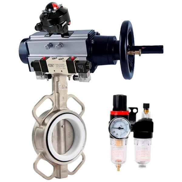 Butterfly valve Elephant WBV3232P-2W-Fb-H, body material - stainless steel AISI 316L, disk material - stainless steel AISI 316L, seal - PTFE, with pneumatic actuator double action PA-DA-105-1, 4V320-08 220V, LSU APL-410N Ex, ATU AFC2000