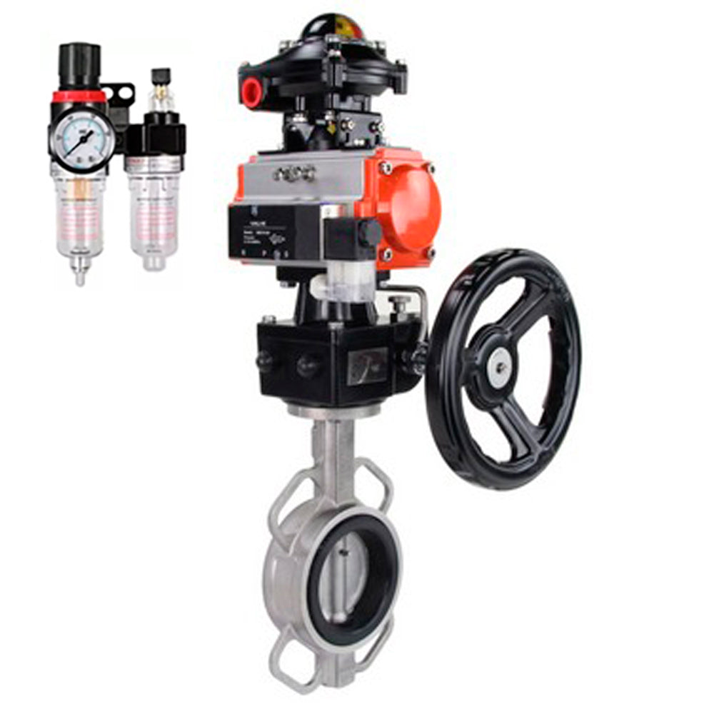 Water Butterfly Valve Elephant WBV3131V-2W-Fb-H, body material - Stainless steel AISI 304, disk material - Stainless steel AISI 304, seal - Viton, pneumatic actuator PA-DA double action, 4V320-08 220V, LSU APL-510N EX, handwheel MON, ATU AFC2000