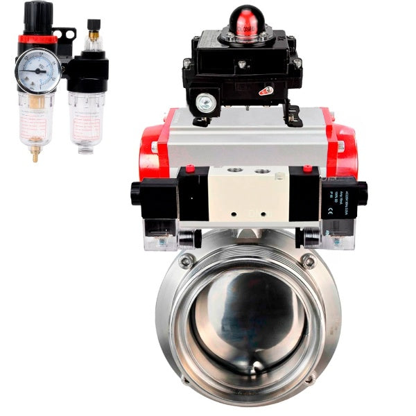 Water Butterfly valves Elephant WBV3131E-2W-T-H, body material - stainless steel AISI 304, seal - EPDM, with pneumatic actuator PA-DA, pneumatic distributor 4V320-10 220V, LSU APL-410N EX, ATU AFC2000