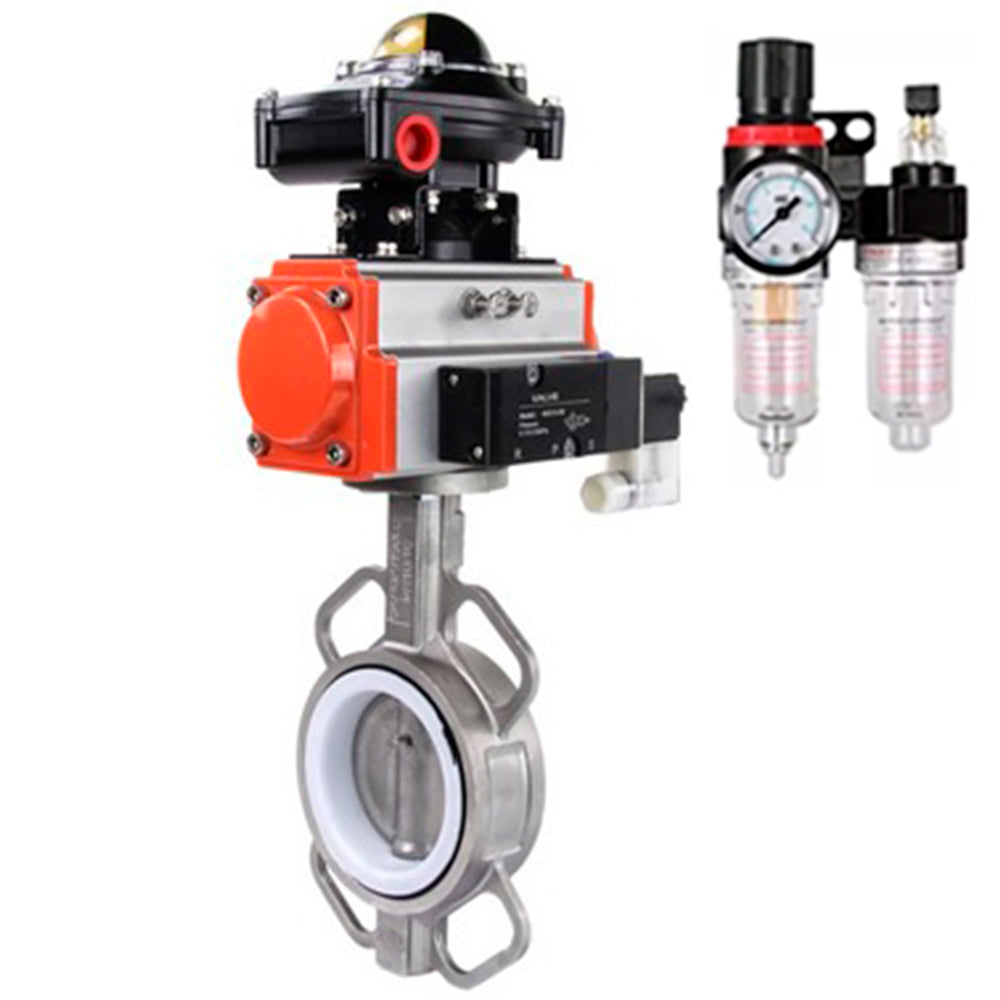 Vanne papillon d'eau Elephant WBV3131P-2W-Fb-H, matériau du corps - Acier inoxydable AISI 304, matériau du disque - Acier inoxydable AISI 304, joint - PTFE, actionneur pneumatique PA-SA avec ressorts de rappel, 4M310-08 220V, BKV APL-510N EX, BPV AFC2000