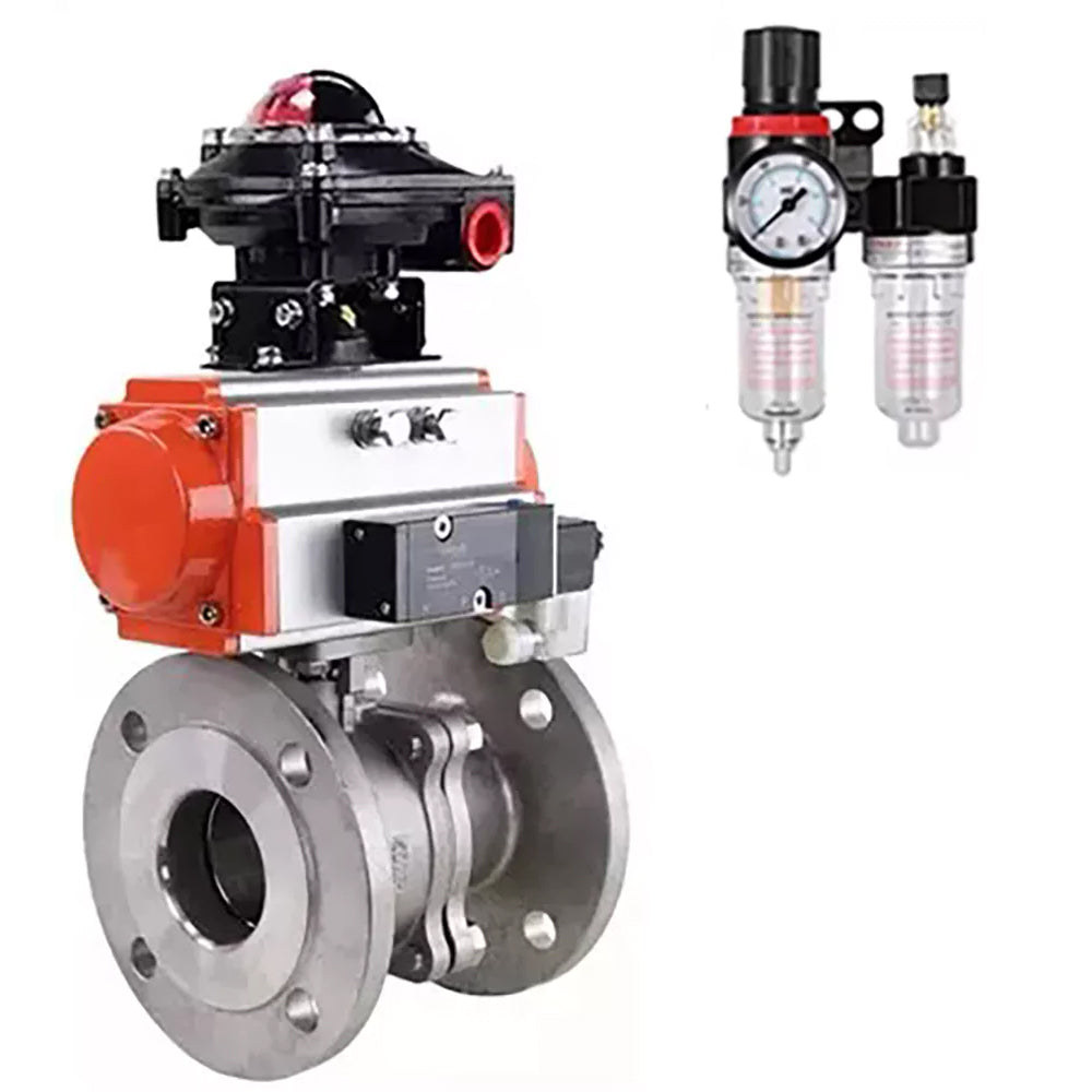 Ball valves Elephant BV3232P(2pc)-FP-F-ISO-H, body material - Stainless steel AISI 316, seal - PTFE / PTFE / Teflon, with pneumatic actuator double action PA-DA, 4V320-08 220V, LSU APL-410N Ex, ATU AFC2000