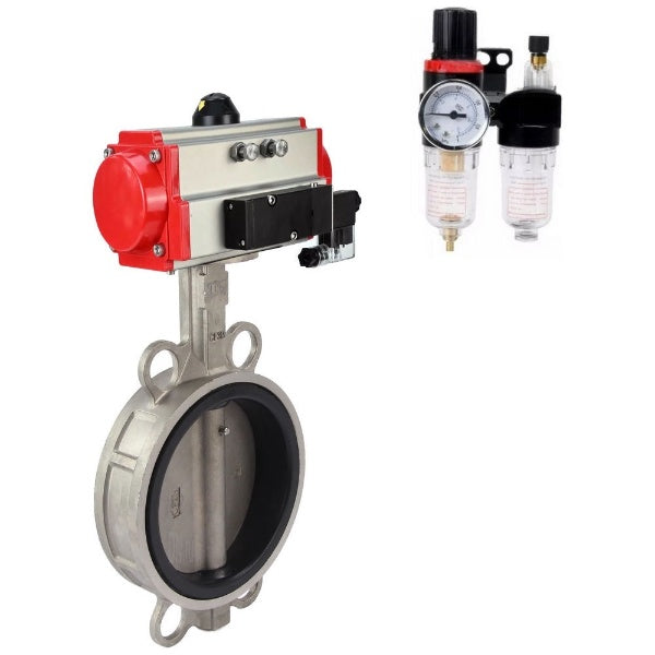 Butterfly valve Elephant WBV3232N-2W-Fb-H, body material - stainless steel AISI 316L, disk material - stainless steel AISI 316L, seal - NBR, with pneumatic actuator double action PA-DA, 4V320-10 220V, ATU AFC2000