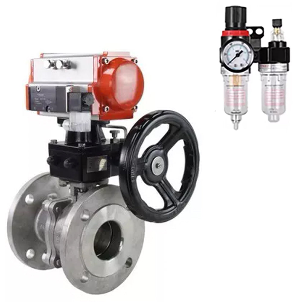 Ball valves Elephant BV3232P(2pc)-FP-F-ISO-H, body material - Stainless steel AISI 316, seal - PTFE / PTFE / Teflon, with pneumatic actuator double action PA-DA, 4V320-10 220V, handwheel MON, ATU AFC2000