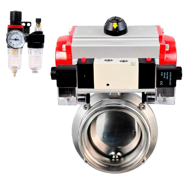Water Butterfly valves Elephant WBV3131E-2W-T-H, body material - stainless steel AISI 304, seal - EPDM, with pneumatic actuator PA-DA, pneumatic distributor 4V320-08 220V, ATU AFC2000