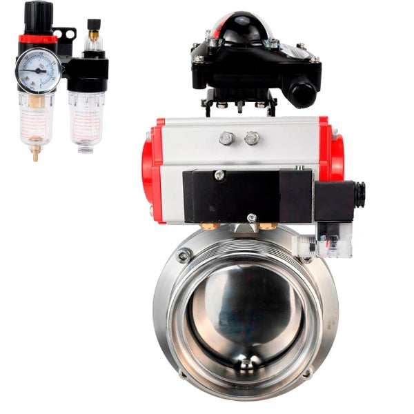 Water Butterfly valves Elephant WBV3131E-2W-T-H, body material - stainless steel AISI 304, seal - EPDM, with pneumatic actuator PA-DA, pneumatic distributor 4M310-08 NAMUR 24V, LSU APL-210N, ATU AFC2000