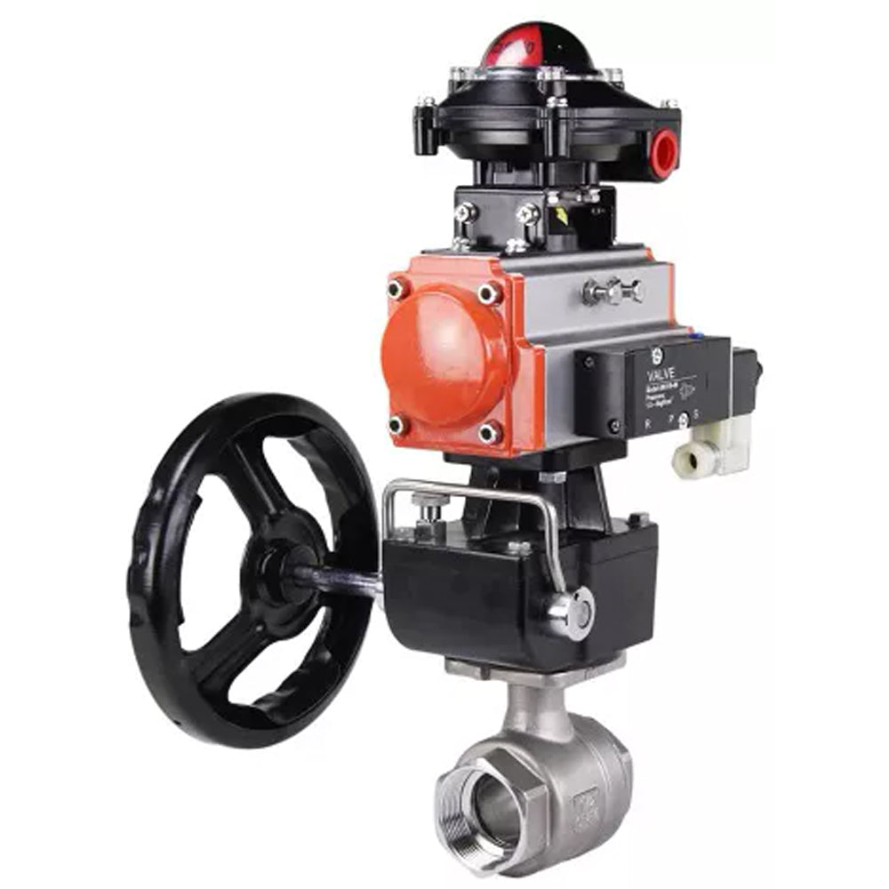 Ball valves Elephant BV3232P(2pc)-FP-T-ISO-H, body material - Stainless steel AISI 316, seal - PTFE / PTFE / Teflon, with pneumatic actuator double action PA-DA, 4V320-10 220V, LSU APL-410N Ex, handwheel MON