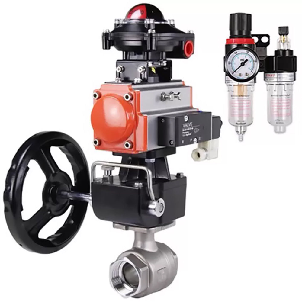 Ball valves Elephant BV3232P(2pc)-FP-T-ISO-H, body material - Stainless steel AISI 316, seal - PTFE / PTFE / Teflon, with pneumatic actuator double action PA-DA, 4V320-10 220V, LSU APL-410N Ex, handwheel MON, ATU AFC2000