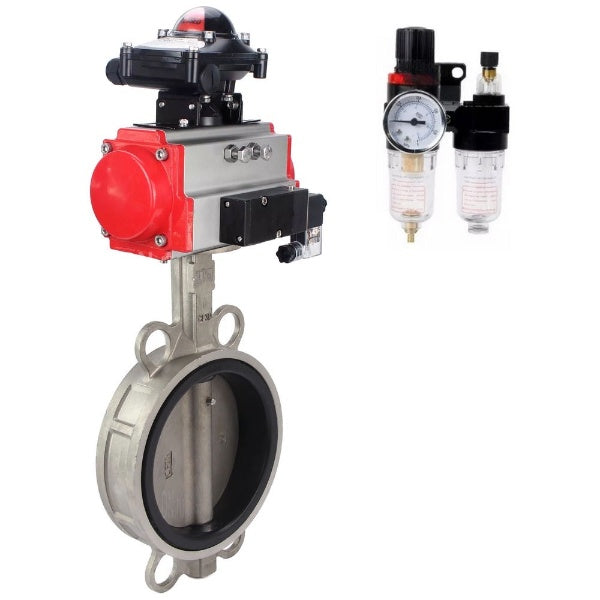 Butterfly valve Elephant WBV3232E-2W-Fb-H, body material - stainless steel AISI 316L, disk material - stainless steel AISI 316L, seal - EPDM, with pneumatic actuator with return springs PA-SA, 4V320-10 220V, LSU APL-210N, ATU AFC2000