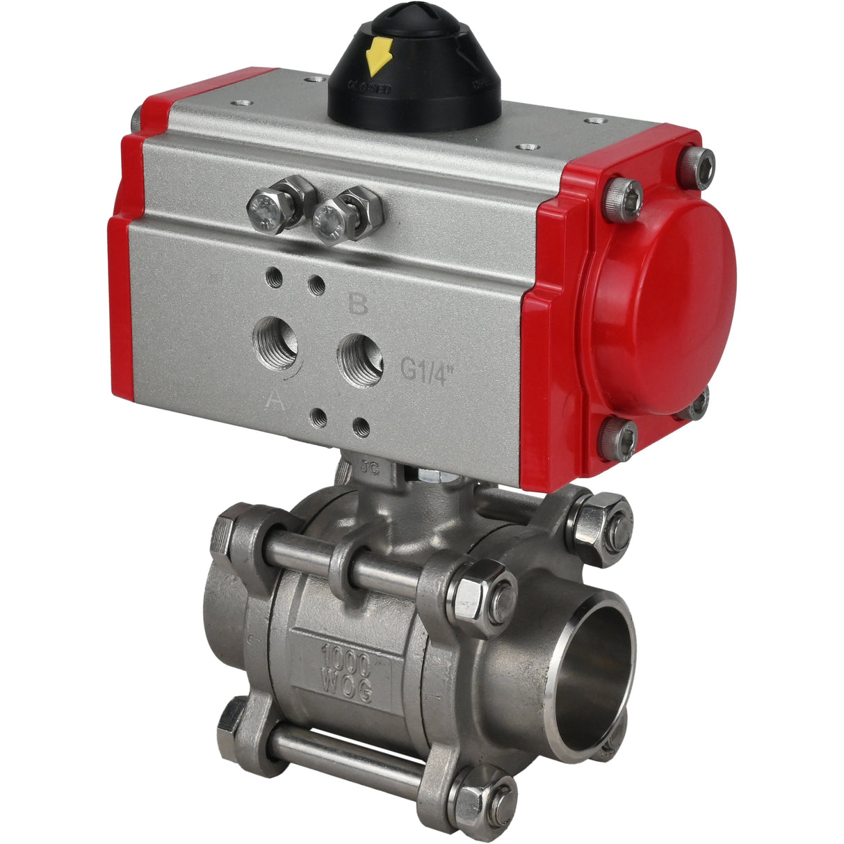 Robinet à boisseau sphérique en acier inoxydable Elephant kshpp-316200-sa, matériau du corps - acier inoxydable AISI 316, matériau de la bille - acier inoxydable AISI 316, joint - PTFE, actionné par actionneur pneumatique
