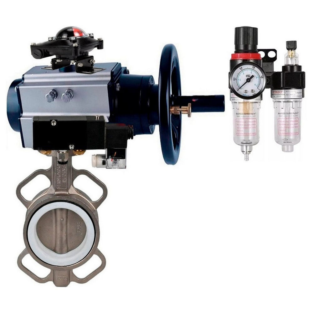 Water Butterfly Valve Elephant WBV3432P-2W-Fb body material - Carbon steel, disk material - Stainless steel AISI 316L/1.4404, seal - PTFE with pneumatic actuator double acting PA-DA-105-1, pneumatic distributor 4V320-08 220V, limit switch APL-510N-EX