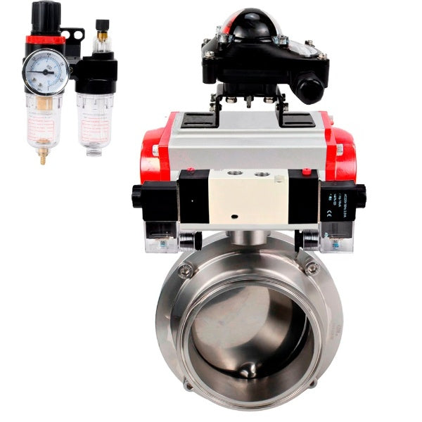 Water Butterfly valves Elephant WBV3131E-2W-C-H, body material - stainless steel AISI 304, seal - EPDM, with pneumatic actuator PA-SA, pneumatic distributor 4V320-08 220V, LSU APL-210N, ATU AFC2000