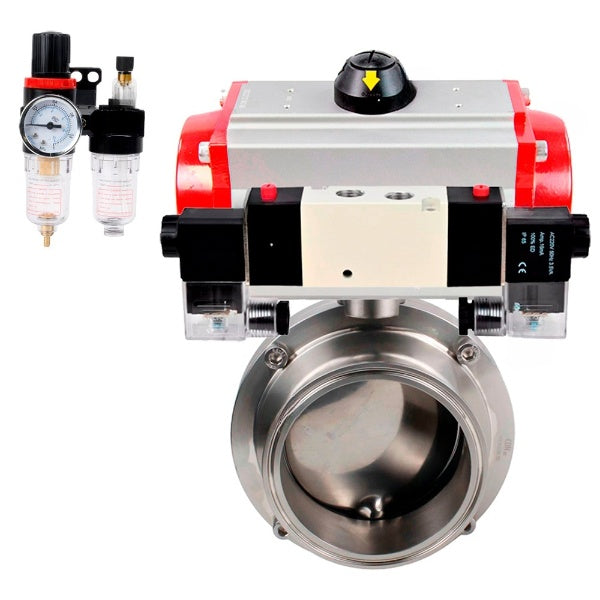 Water Butterfly valves Elephant WBV3131E-2W-C-H, body material - stainless steel AISI 304, seal - EPDM, with pneumatic actuator PA-DA, pneumatic distributor 4V320-08 220V, ATU AFC2000