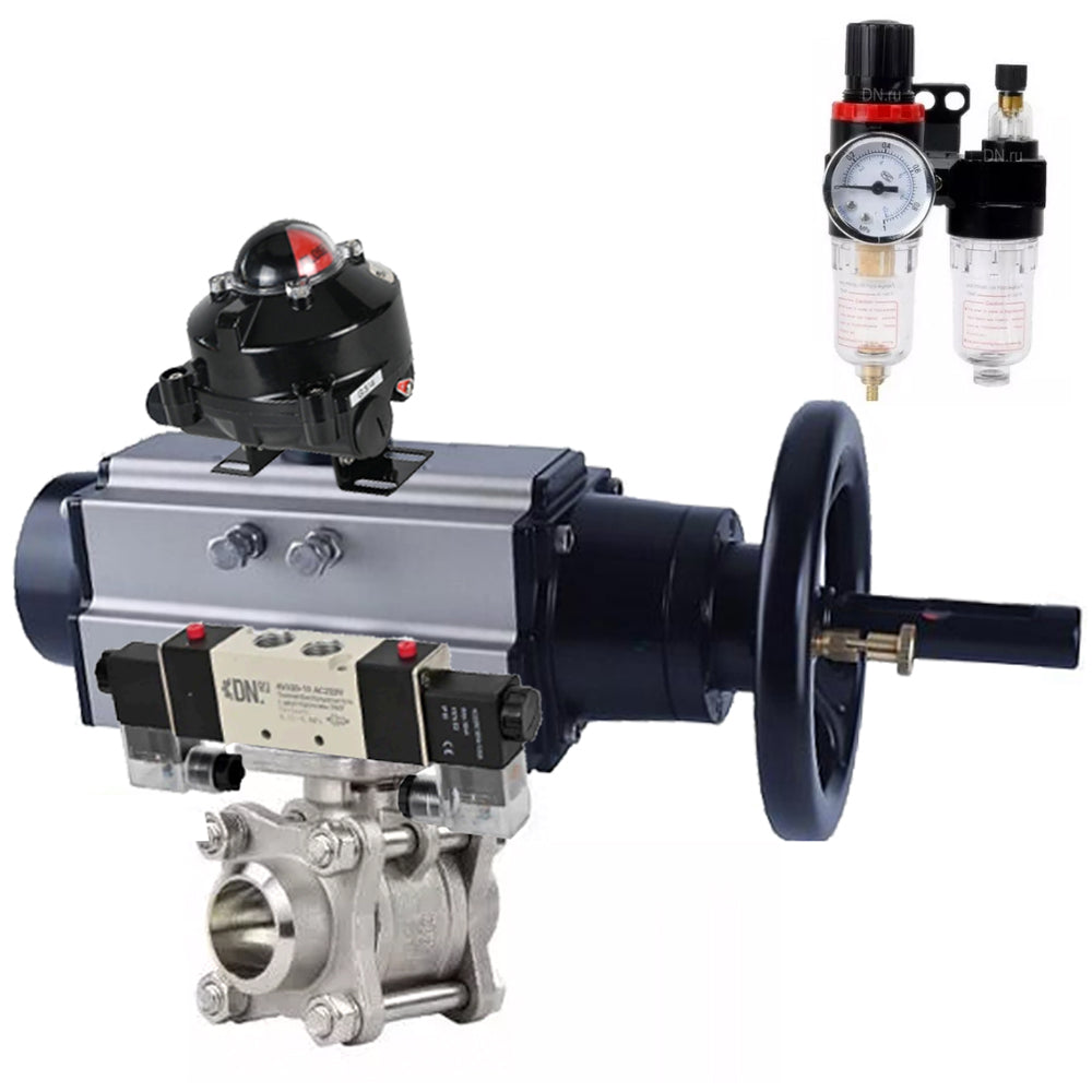 Ball valves Elephant BV3232P(3pc)-FP-W-ISO-H,  body material - Stainless steel AISI 316, seal - PTFE / PTFE / Teflon, with pneumatic actuator double action PA-DA-105-1, 4V320-08 220V, LSU APL-410N Ex, ATU AFC2000