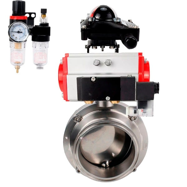 Water Butterfly valves Elephant WBV3131E-2W-C-H, body material - stainless steel AISI 304, seal - EPDM, with pneumatic actuator PA-SA, pneumatic distributor 4M310-08 NAMUR 220V, LSU APL-210N, ATU AFC2000