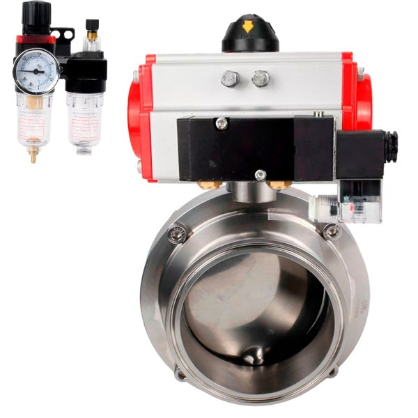 Water Butterfly valves Elephant WBV3131E-2W-C-H, body material - stainless steel AISI 304, seal - EPDM, with pneumatic actuator PA-SA, pneumatic distributor 4M310-08 NAMUR 220V, ATU AFC2000