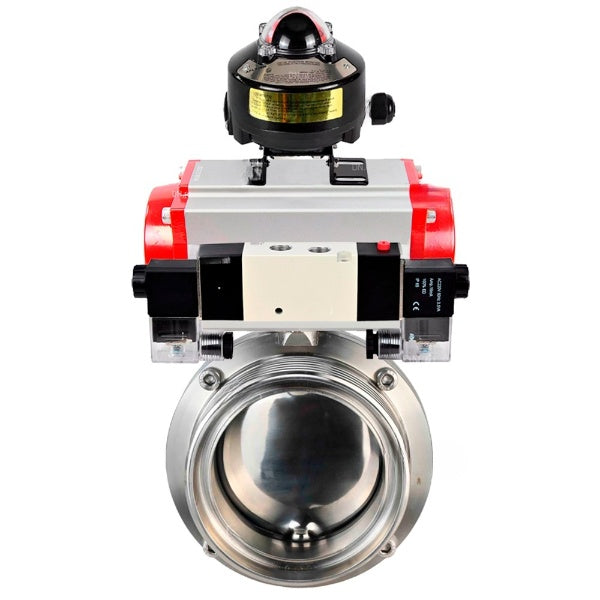 Water Butterfly valves Elephant WBV3131E-2W-T-H, body material - stainless steel AISI 304, seal - EPDM, with pneumatic actuator PA-DA-052 double action, 4V320-10 220V, LSU APL-510N EX