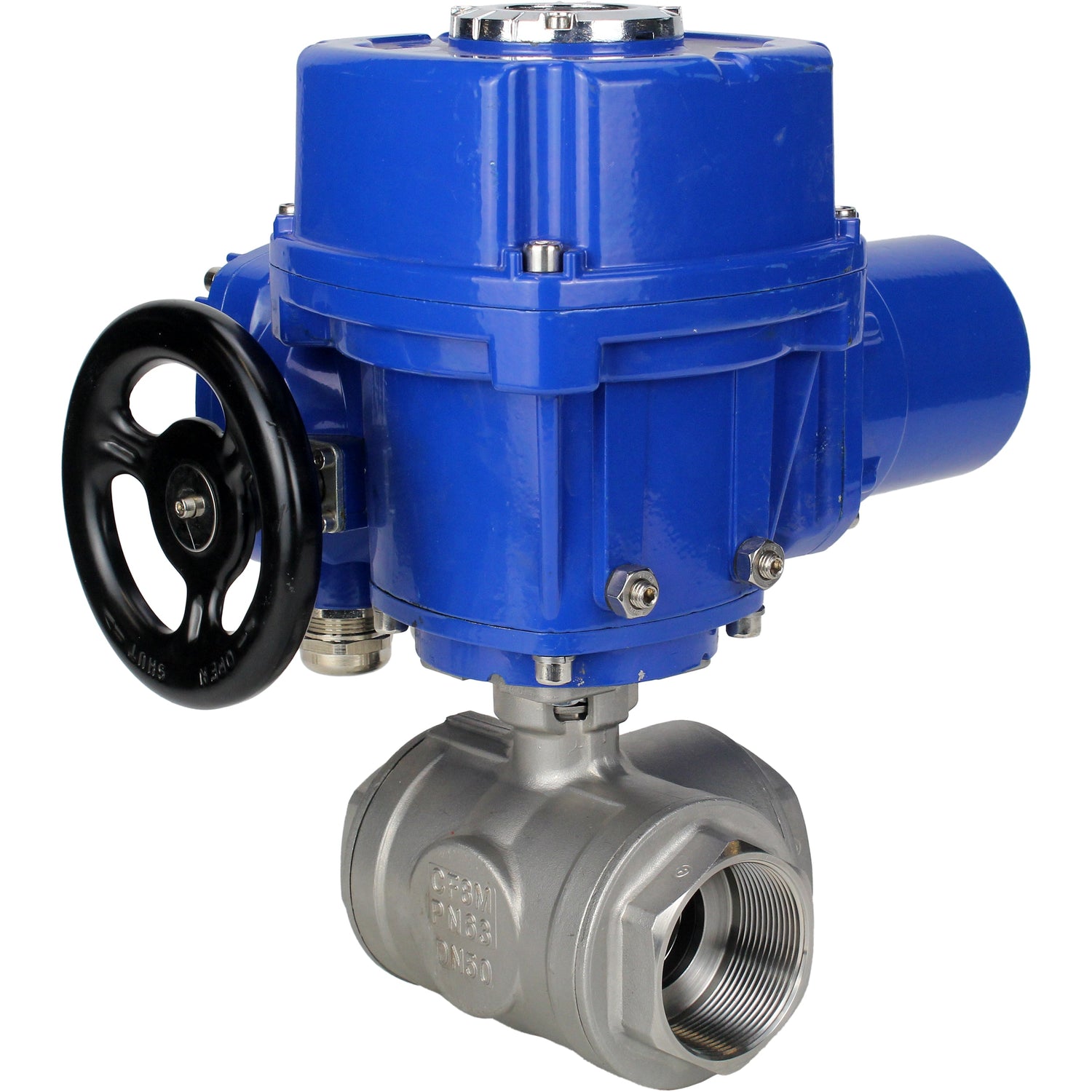 Robinet à boisseau sphérique en acier inoxydable Elephant RP.SS316.200.MM.ISO 914 PSI fileté, port standard, trois voies, type L, matériau du corps - acier inoxydable AISI 316, avec actionneur électrique quart de tour Elephant QT-W (M) 380V