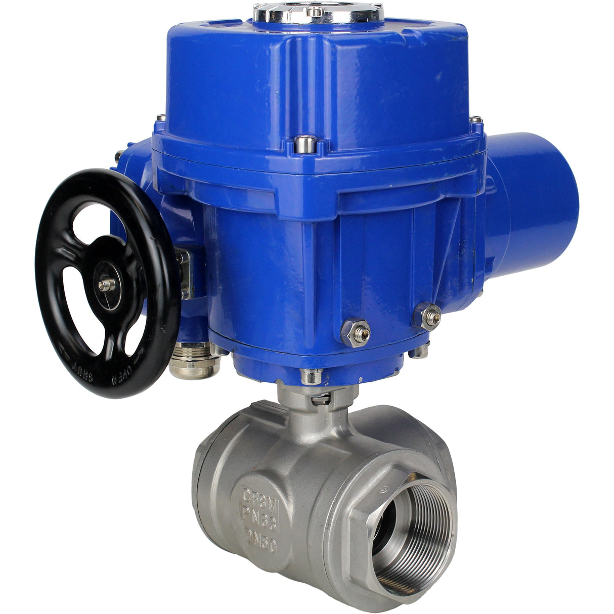 Robinet à boisseau sphérique en acier inoxydable Elephant RP.SS316.200.MM.ISO 914 PSI fileté, port standard, trois voies, type L, matériau du corps - acier inoxydable AISI 316, avec actionneur électrique quart de tour Elephant QT-W (M) 220V