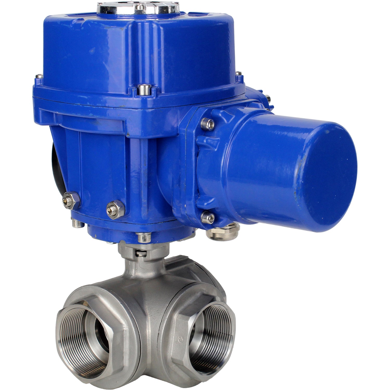 Robinet à boisseau sphérique en acier inoxydable Elephant RP.SS316.200.MM.ISO 914 PSI fileté, port standard, trois voies, type L, matériau du corps - acier inoxydable AISI 316, avec actionneur électrique quart de tour Elephant QT-W (M) 380V