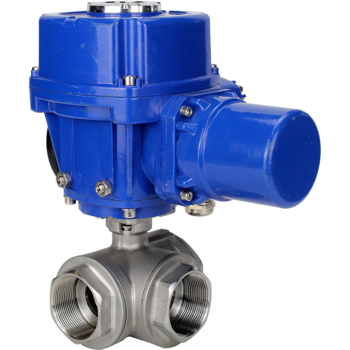 Robinet à boisseau sphérique en acier inoxydable Elephant RP.SS316.200.MM.ISO 914 PSI fileté, port standard, trois voies, type L, matériau du corps - acier inoxydable AISI 316, avec actionneur électrique quart de tour Elephant QT-W (M) 380V