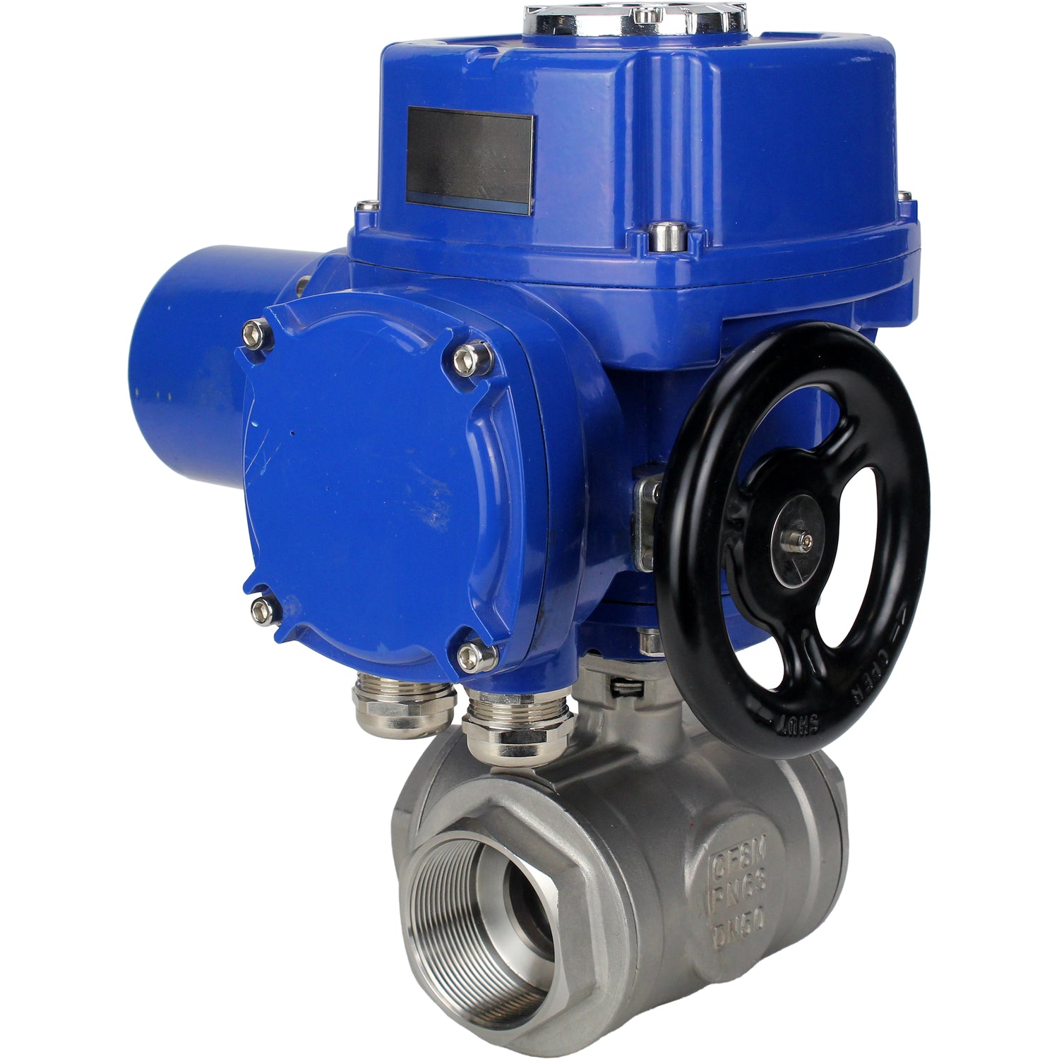 Robinet à boisseau sphérique en acier inoxydable Elephant RP.SS316.200.MM.ISO 914 PSI fileté, port standard, trois voies, type L, matériau du corps - acier inoxydable AISI 316, avec actionneur électrique quart de tour Elephant QT-W (M) 380V