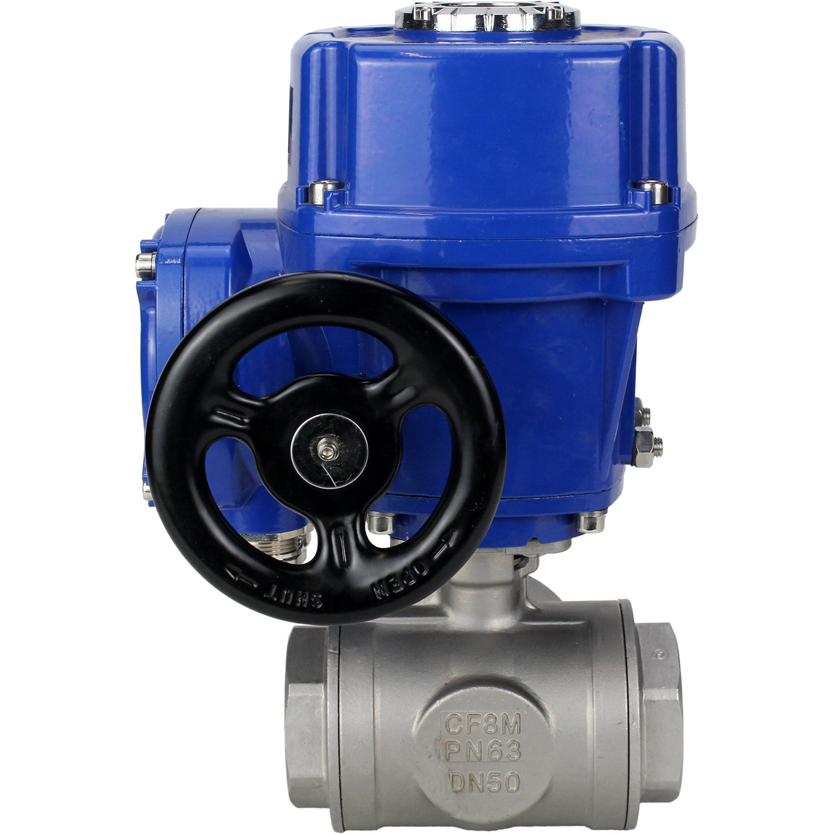 Robinet à boisseau sphérique en acier inoxydable Elephant RP.SS316.200.MM.ISO 914 PSI fileté, port standard, trois voies, type L, matériau du corps - acier inoxydable AISI 316, avec actionneur électrique quart de tour Elephant QT-W (M) 220V