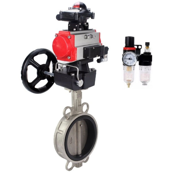 Butterfly valve Elephant WBV3232E-2W-Fb-H, body material - stainless steel AISI 316L, disk material - stainless steel AISI 316L, seal - EPDM, with pneumatic actuator double action PA-DA, 4V320-08 220V, LSU APL-210N, handwheel MON, ATU AFC2000