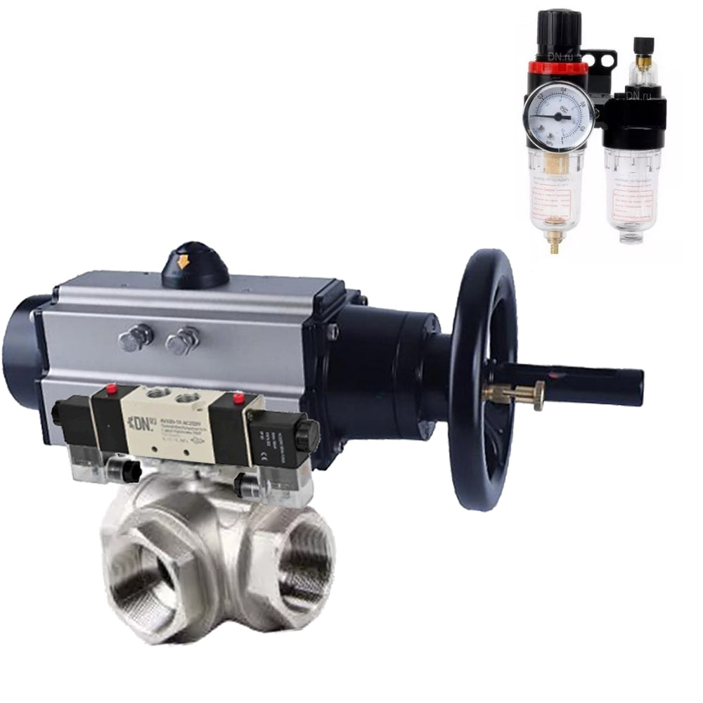 Ball valves Elephant BV3232P(4pc)-SP-3WL-T-ISO-H,  body material - Stainless steel AISI 316, seal - PTFE / PTFE / Teflon, with pneumatic actuator double action PA-DA-105-1, 4V320-08 220V, ATU AFC2000