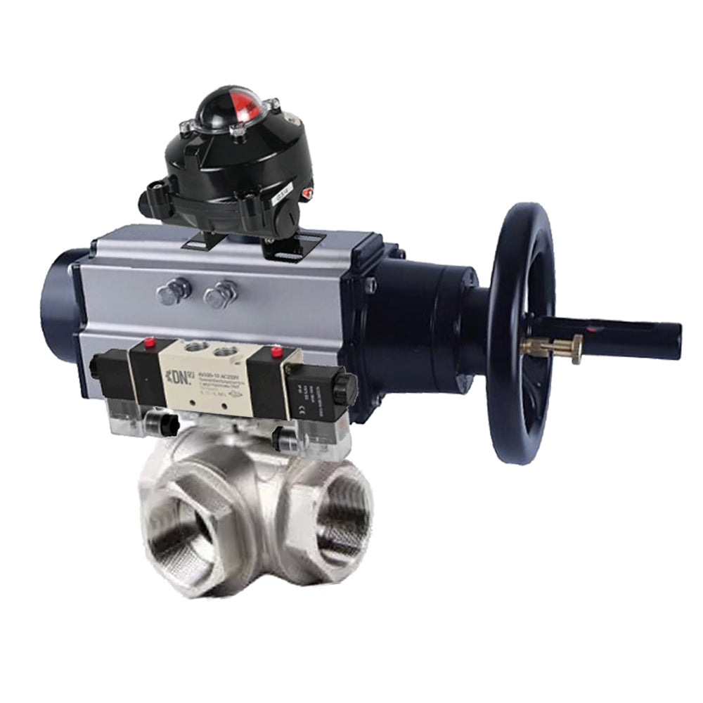 Ball valves Elephant BV3232P(4pc)-SP-3WL-T-ISO-H,  body material - Stainless steel AISI 316, seal - PTFE / PTFE / Teflon, with pneumatic actuator double action PA-DA-105-1, 4V320-10 220V, LSU APL-410N Ex