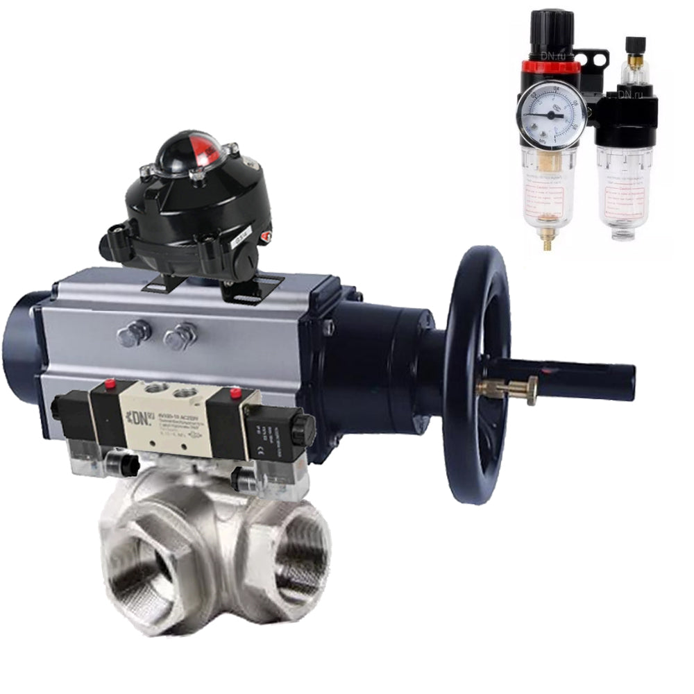 Ball valves Elephant BV3232P(4pc)-SP-3WL-T-ISO-H,  body material - Stainless steel AISI 316, seal - PTFE / PTFE / Teflon, with pneumatic actuator double action PA-DA-105-1, 4V320-08 220V, LSU APL-410N Ex, ATU AFC2000
