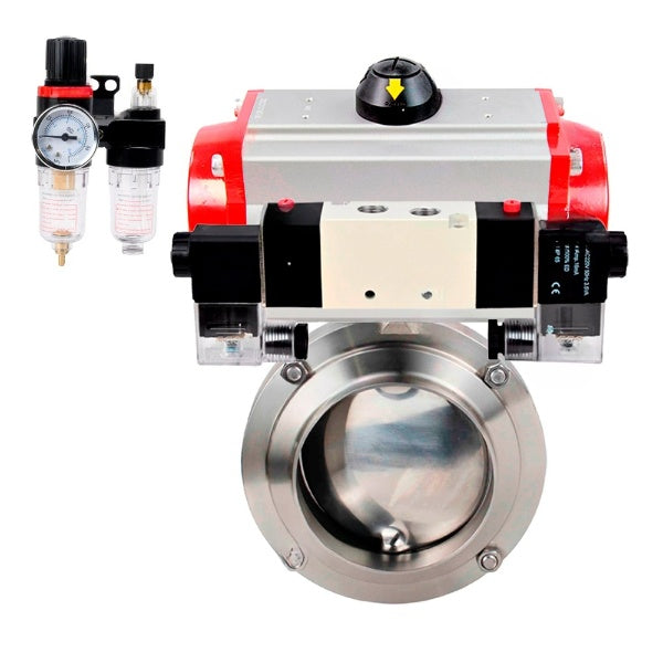 Water Butterfly valves Elephant WBV3131S-2W-W-H, body material - stainless steel AISI 304, seal - Silicon, with pneumatic actuator PA-DA-052 double action, 4V320-08 220V, ATU AFC2000