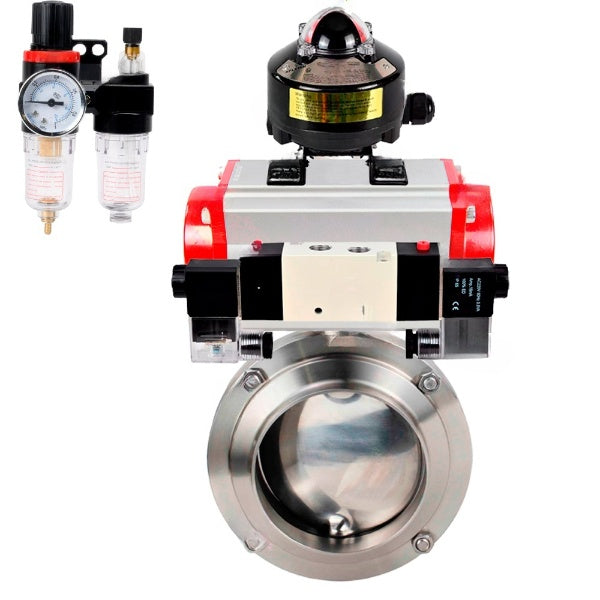 Water Butterfly valves Elephant WBV3131S-2W-W-H, body material - stainless steel AISI 304, seal - Silicon, with pneumatic actuator PA-DA-052 double action, 4V320-08 220V, LSU APL-510N EX, ATU AFC2000