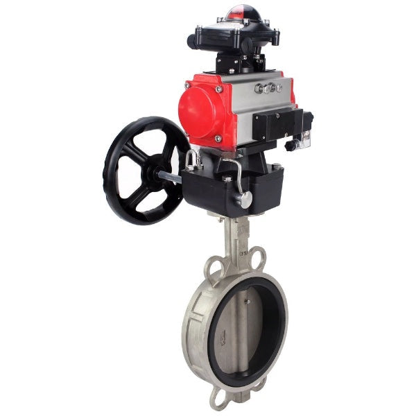 Butterfly valve Elephant WBV3232E-2W-Fb-H, body material - stainless steel AISI 316L, disk material - stainless steel AISI 316L, seal - EPDM, with pneumatic actuator double action PA-DA, 4V320-10 220V, LSU APL-410N Ex, handwheel MON