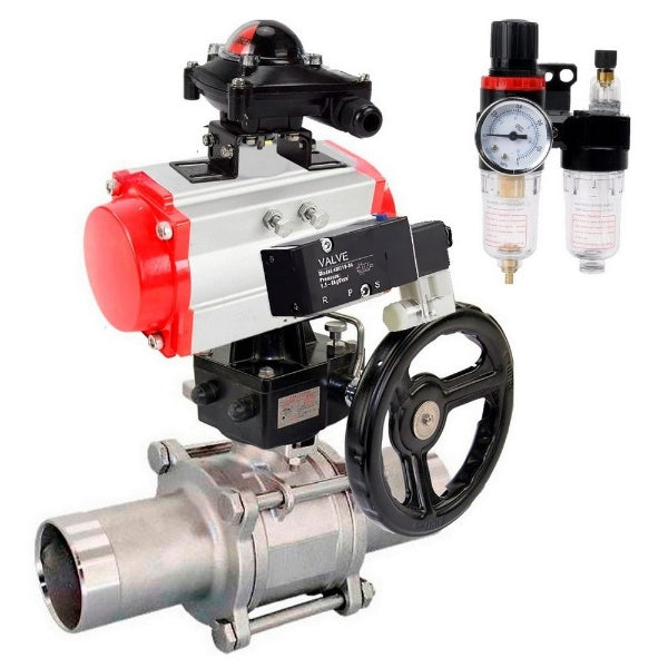 Ball valves Elephant BV3232P(3pc)-FP-W-ISO-H LONG,  body material - Stainless steel AISI 316, seal - PTFE / PTFE / Teflon, with pneumatic actuator double action PA-DA, 4V320-08 220V, LSU APL-410N Ex, handwheel MON, ATU AFC2000