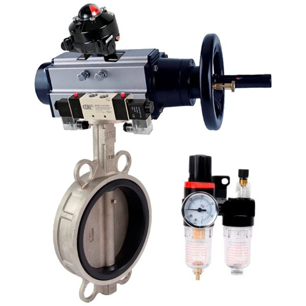 Butterfly valve Elephant WBV3232E-2W-Fb-H, body material - stainless steel AISI 316L, disk material - stainless steel AISI 316L, seal - EPDM, with pneumatic actuator double action PA-DA-105-1, 4V320-10 220V, LSU APL-210N, ATU AFC2000