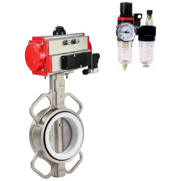 Butterfly valve Elephant WBV3232P-2W-Fb-H, body material - stainless steel AISI 316L, disk material - stainless steel AISI 316L, seal - PTFE, with pneumatic actuator double action PA-DA, 4V320-10 220V, ATU AFC2000