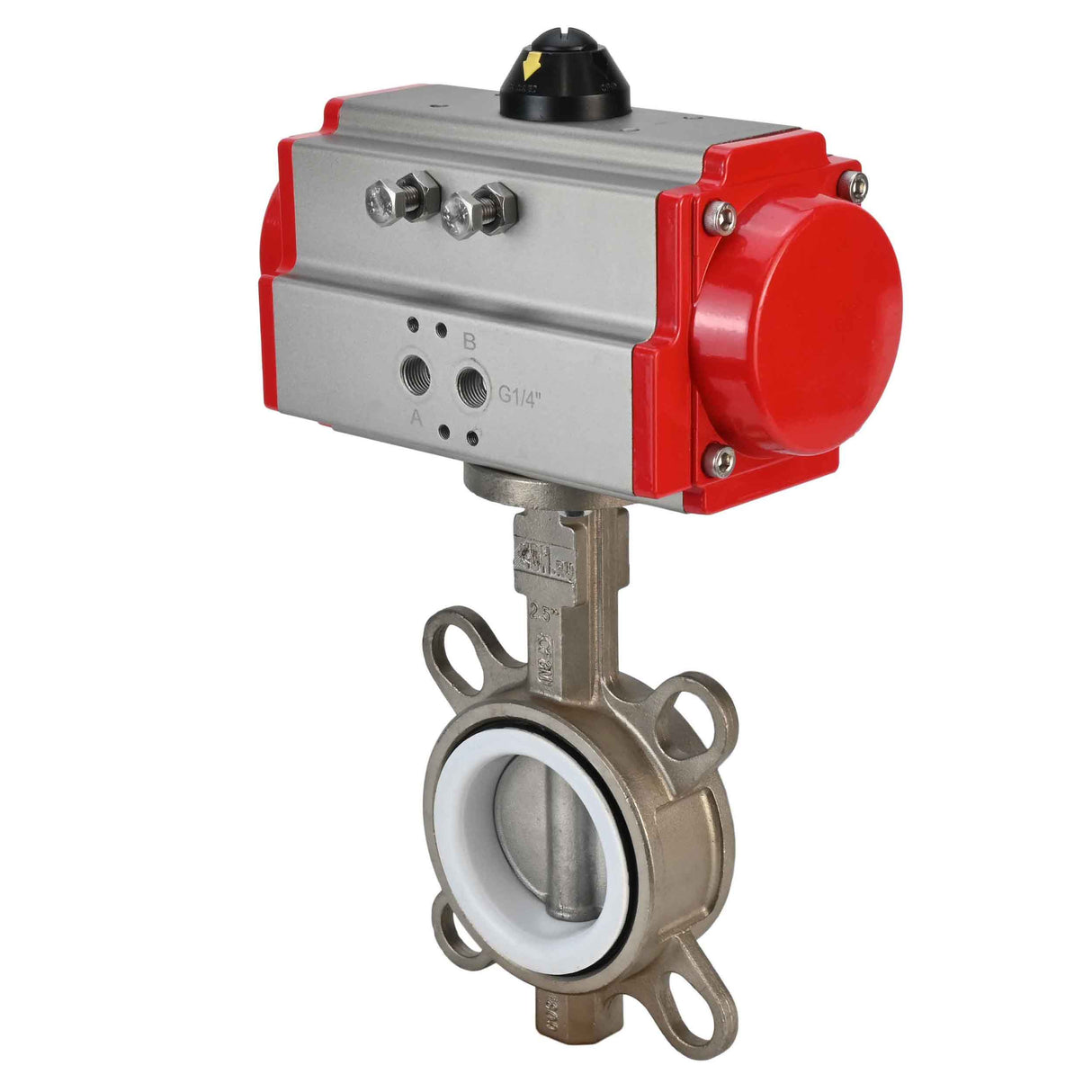 Vanne papillon d'eau Elephant 316l-ptfe-elephant-da, matériau du corps - acier inoxydable AISI 316L, matériau du disque - acier inoxydable AISI 316L, joint - PTFE, actionné par actionneur pneumatique