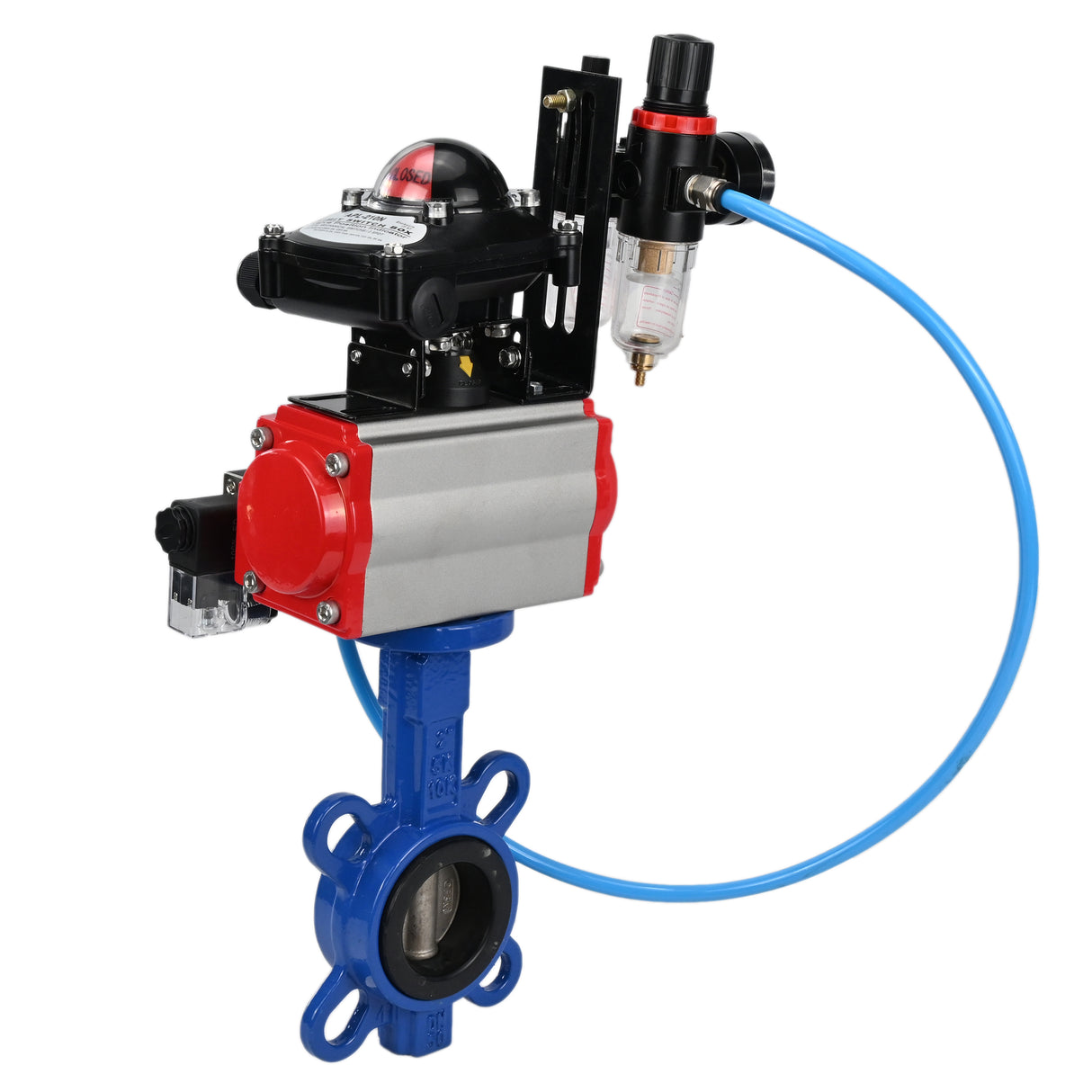 Vanne papillon d'eau Elephant WBV1413E-2W-Fb-H, matériau du corps - fonte GGG50, matériau du disque - fonte GGG40, joint - EPDM, avec actionneur pneumatique avec ressorts de rappel PA-SA, 4V320-08 220V, BKV APL-210NBPV AFC2000