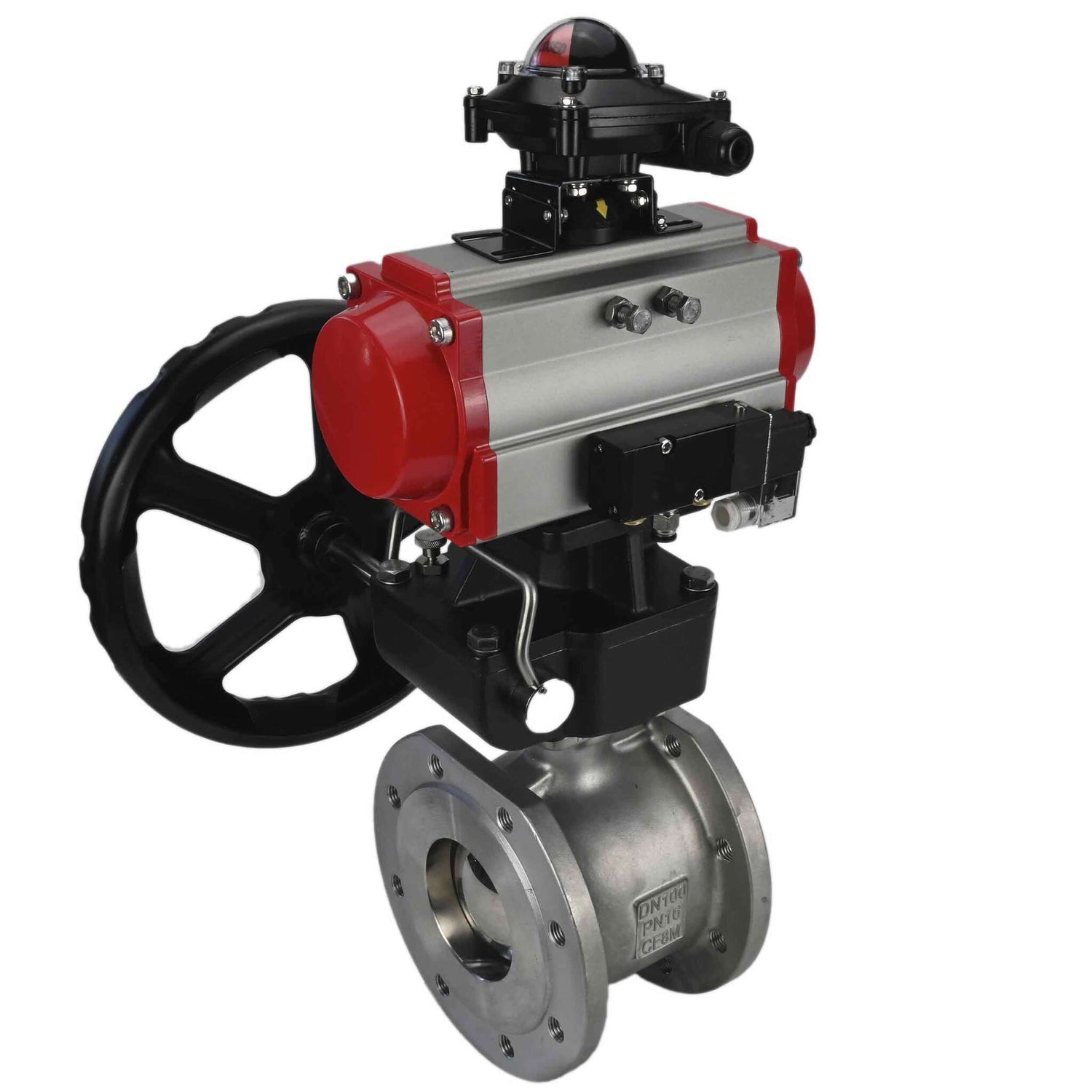 Robinet à boisseau sphérique en acier inoxydable Elephant kchmfp-elephant-da-hdm-4m310-24v-apl-210n, matériau du corps - acier inoxydable AISI 316, matériau de la bille - acier inoxydable AISI 316, joint - PTFE, actionné par actionneur pneumatique